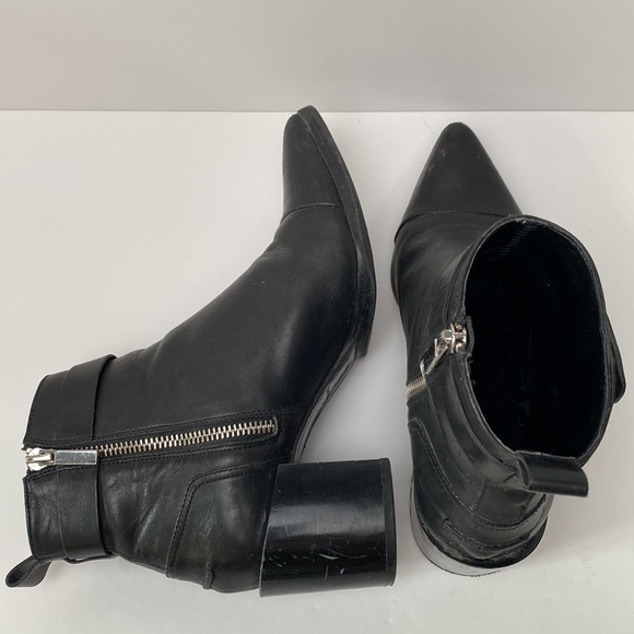Zara Ankle Boots Women US 7.5 EU 38 Black Pointy Toe Block Heel Strap Moto Biker - Picture 8 of 16